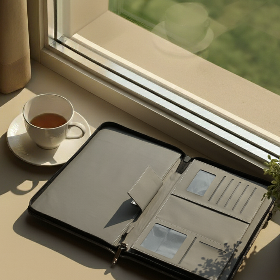 Inside view of Zillionary Premium Document Organizer showing multiple card slots and pen holder